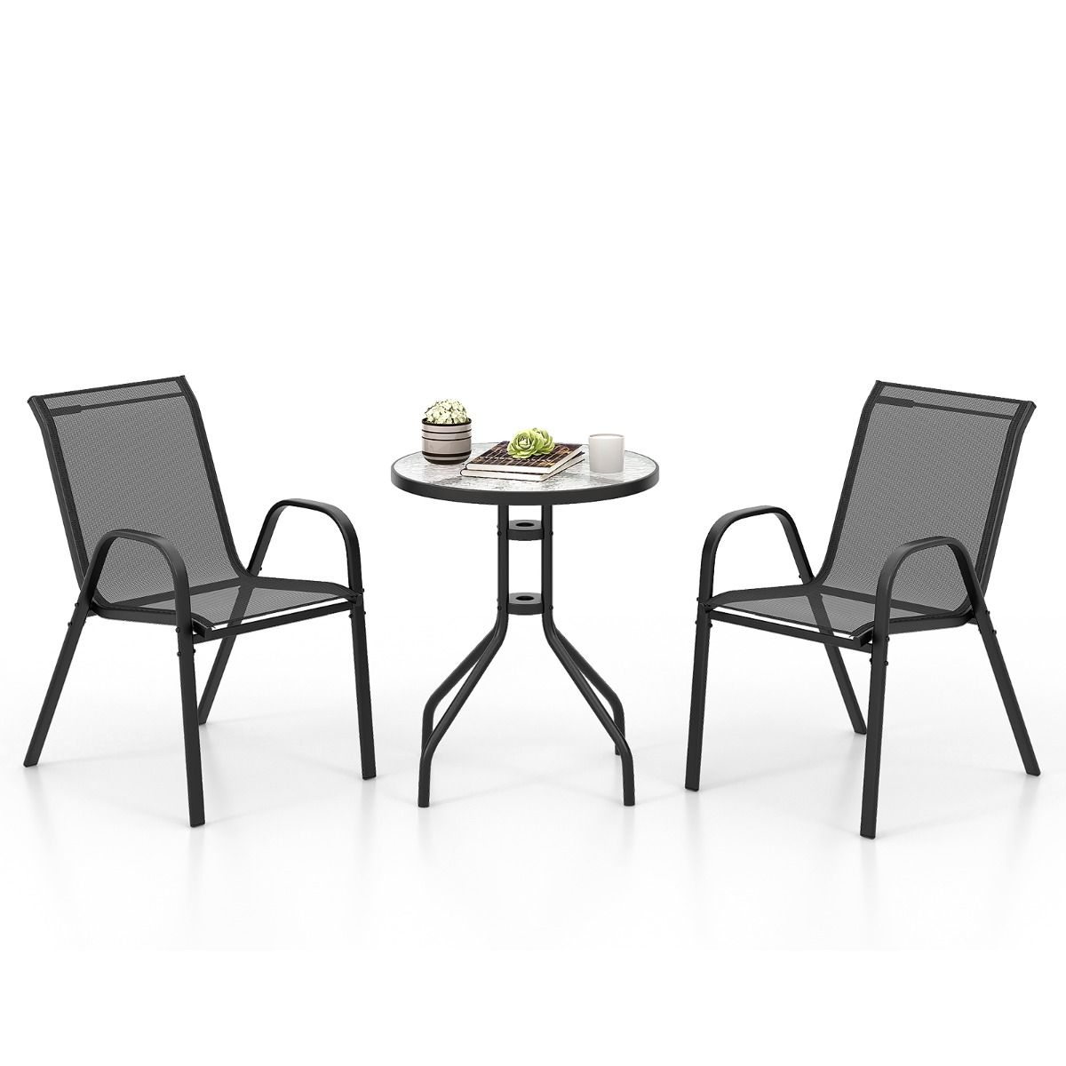 Coast 3-teiliges schwarzes Bistro-Set für draußen - Tisch Ø60x70 cm mit gehärtetem Glas & 2 stapelbare Stühle 56x67x84 cm