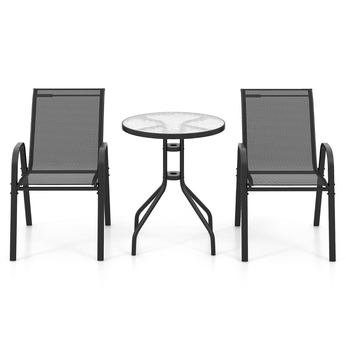 Coast 3-teiliges schwarzes Bistro-Set für draußen - Tisch Ø60x70 cm mit gehärtetem Glas & 2 stapelbare Stühle 56x67x84 cm