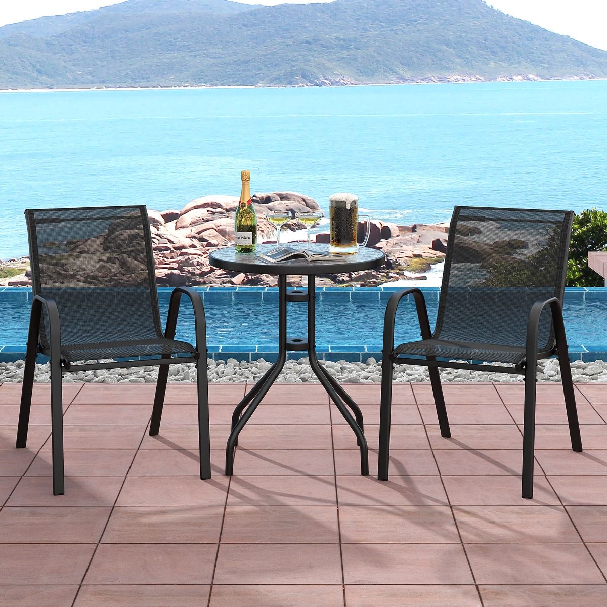 Coast 3-teiliges schwarzes Bistro-Set für draußen - Tisch Ø60x70 cm mit gehärtetem Glas & 2 stapelbare Stühle 56x67x84 cm