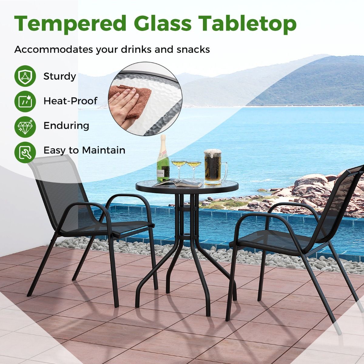 Coast 3-teiliges schwarzes Bistro-Set für draußen - Tisch Ø60x70 cm mit gehärtetem Glas & 2 stapelbare Stühle 56x67x84 cm