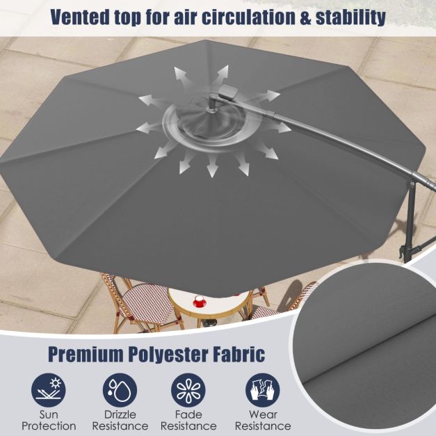 Coast Large Moveable Hanging Parasol - 300x300x250 cm - 40 LED Lichter & Solarpanel - Grau