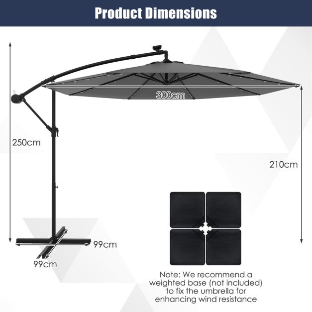 Coast Large Moveable Hanging Parasol - 300x300x250 cm - 40 LED Lichter & Solarpanel - Grau