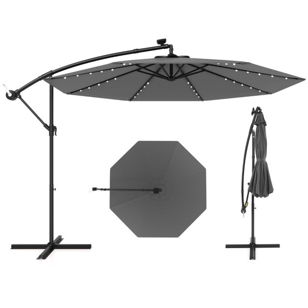 Coast Large Moveable Hanging Parasol - 300x300x250 cm - 40 LED Lichter & Solarpanel - Grau