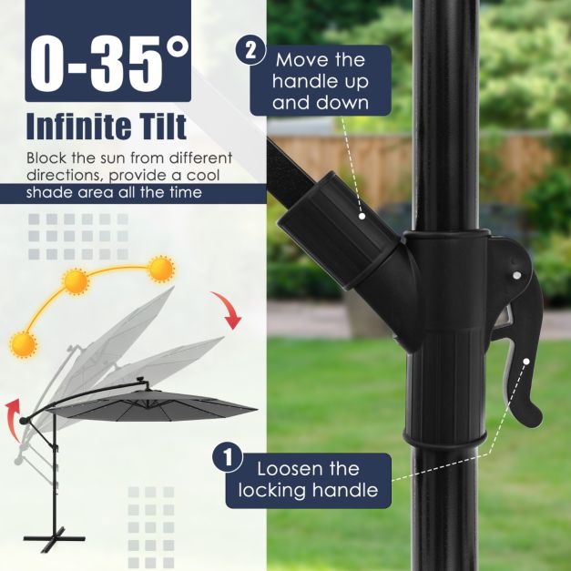 Coast Large Moveable Hanging Parasol - 300x300x250 cm - 40 LED Lichter & Solarpanel - Grau