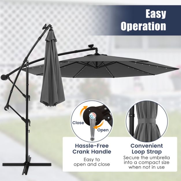 Coast Large Moveable Hanging Parasol - 300x300x250 cm - 40 LED Lichter & Solarpanel - Grau