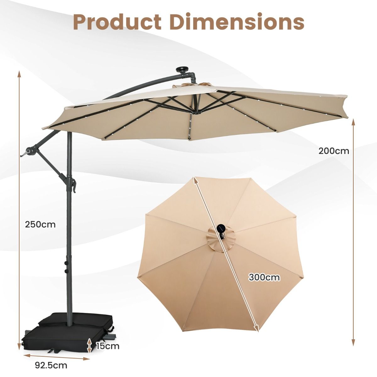 Coast Schwimmender Sonnenschirm mit Sandsäcken und LED-Beleuchtung - Ø300cm - Beige