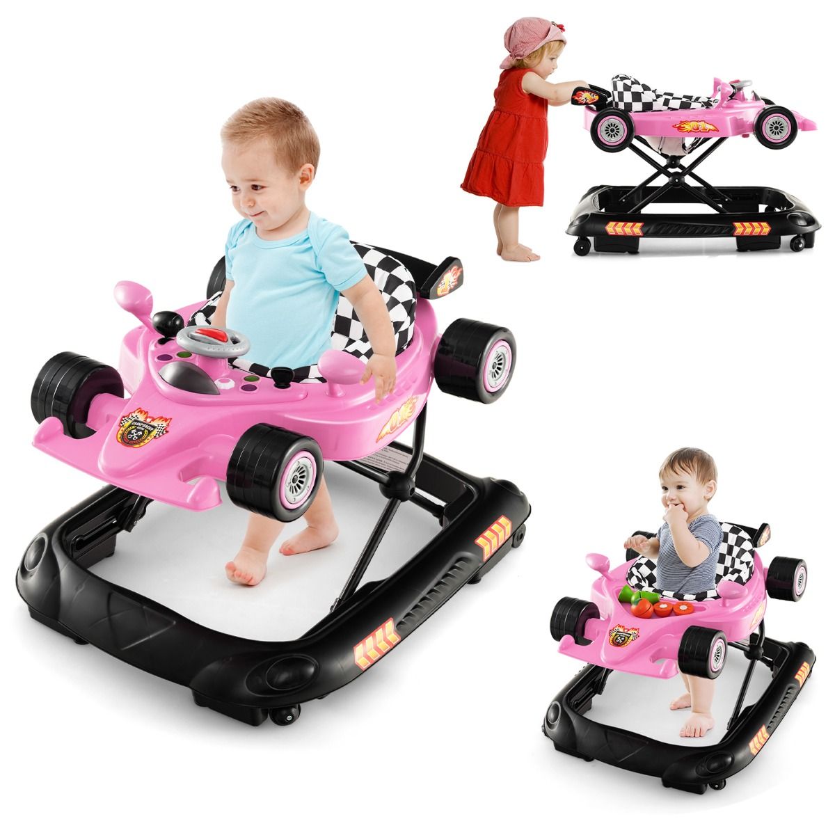 Coast Faltbarer Kinderwagen 4-in-1 Activity Roller - Verstellbare Lauflernhilfe mit Notenblatt, 3 Höhenstufen, 71x61x48,5 cm - Pink