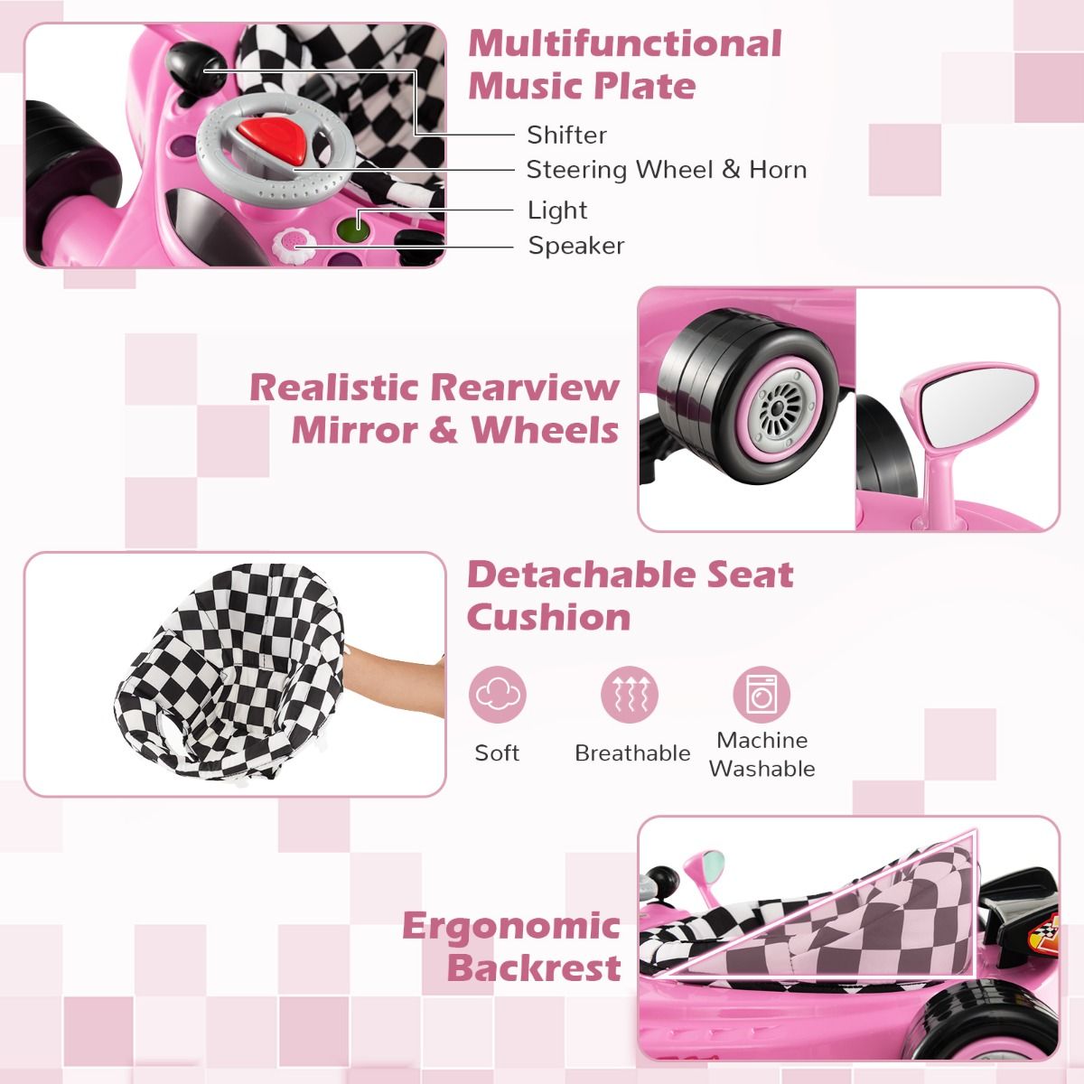 Coast Faltbarer Kinderwagen 4-in-1 Activity Roller - Verstellbare Lauflernhilfe mit Notenblatt, 3 Höhenstufen, 71x61x48,5 cm - Pink