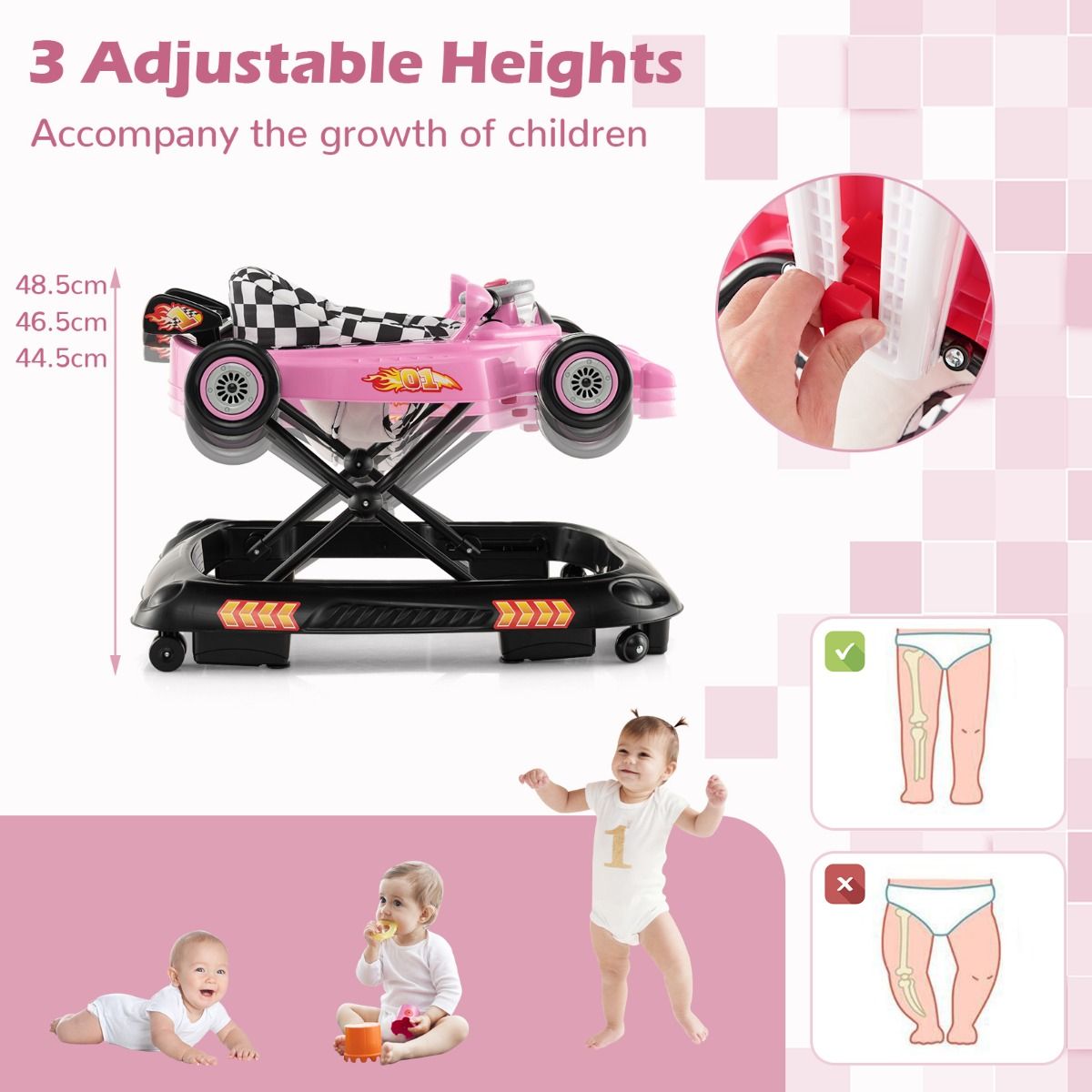 Coast Faltbarer Kinderwagen 4-in-1 Activity Roller - Verstellbare Lauflernhilfe mit Notenblatt, 3 Höhenstufen, 71x61x48,5 cm - Pink