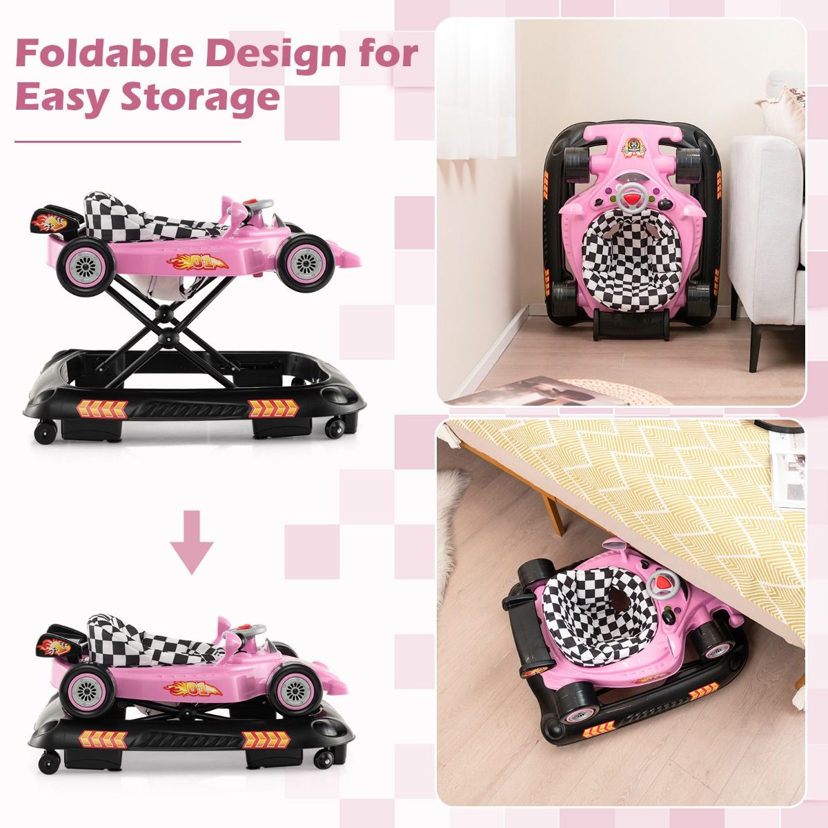 Coast Faltbarer Kinderwagen 4-in-1 Activity Roller - Verstellbare Lauflernhilfe mit Notenblatt, 3 Höhenstufen, 71x61x48,5 cm - Pink