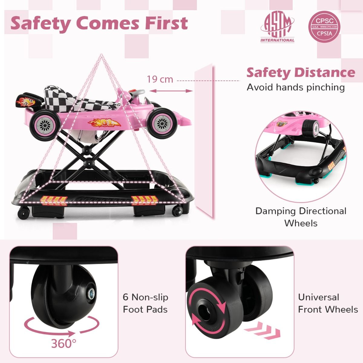 Coast Faltbarer Kinderwagen 4-in-1 Activity Roller - Verstellbare Lauflernhilfe mit Notenblatt, 3 Höhenstufen, 71x61x48,5 cm - Pink