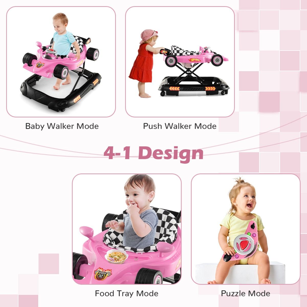 Coast Faltbarer Kinderwagen 4-in-1 Activity Roller - Verstellbare Lauflernhilfe mit Notenblatt, 3 Höhenstufen, 71x61x48,5 cm - Pink