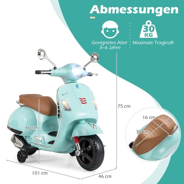 Coast Elektro-Kindermotorrad Grün - Vespa-Scooter mit LED-Licht und Hupe - 75 x 46 x 101 cm