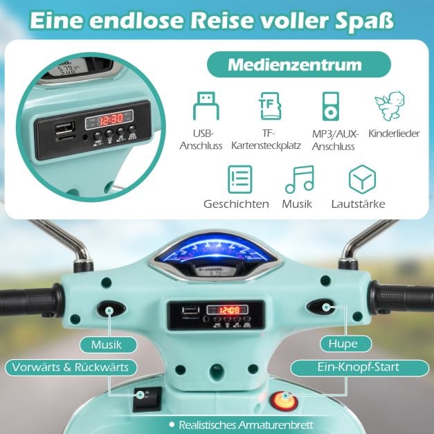 Coast Elektro-Kindermotorrad Grün - Vespa-Scooter mit LED-Licht und Hupe - 75 x 46 x 101 cm