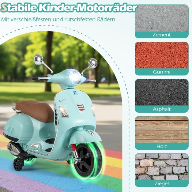 Coast Elektro-Kindermotorrad Grün - Vespa-Scooter mit LED-Licht und Hupe - 75 x 46 x 101 cm