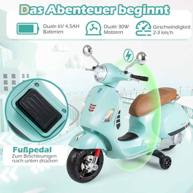 Coast Elektro-Kindermotorrad Grün - Vespa-Scooter mit LED-Licht und Hupe - 75 x 46 x 101 cm