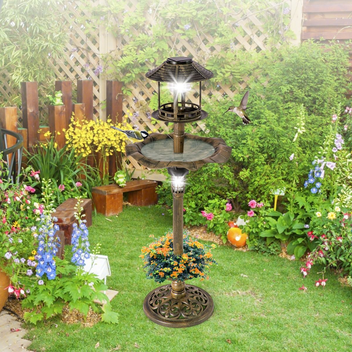 Coast Vogelfutterspender - Vogeltränke - Mit Solarlicht - Mit befüllbarem Ständer - Ã˜43x110cm - Bronze
