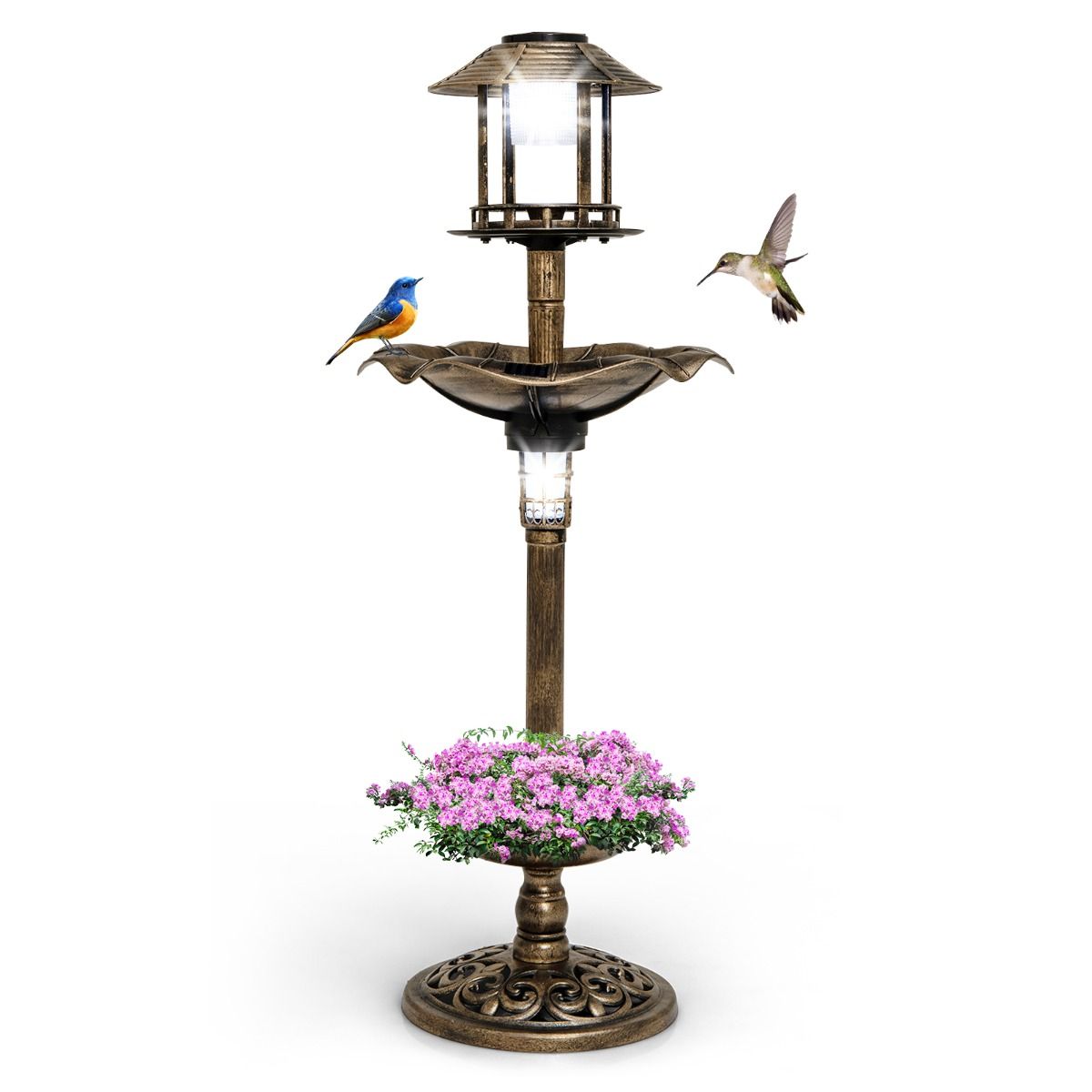 Coast Vogelfutterspender - Vogeltränke - Mit Solarlicht - Mit befüllbarem Ständer - Ã˜43x110cm - Bronze