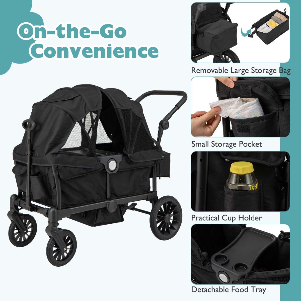 Coast 2-in-1 faltbarer Zwillings-Trolley Schwarz - 104 x 57 x 107 cm - mit verstellbarem Griff und abnehmbarem Verdeck