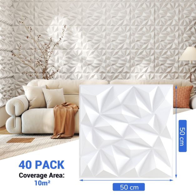 Coast 3D-Wandpaneele - Diamantdesign - 40 Stück - 50 x 50 cm - Weiß