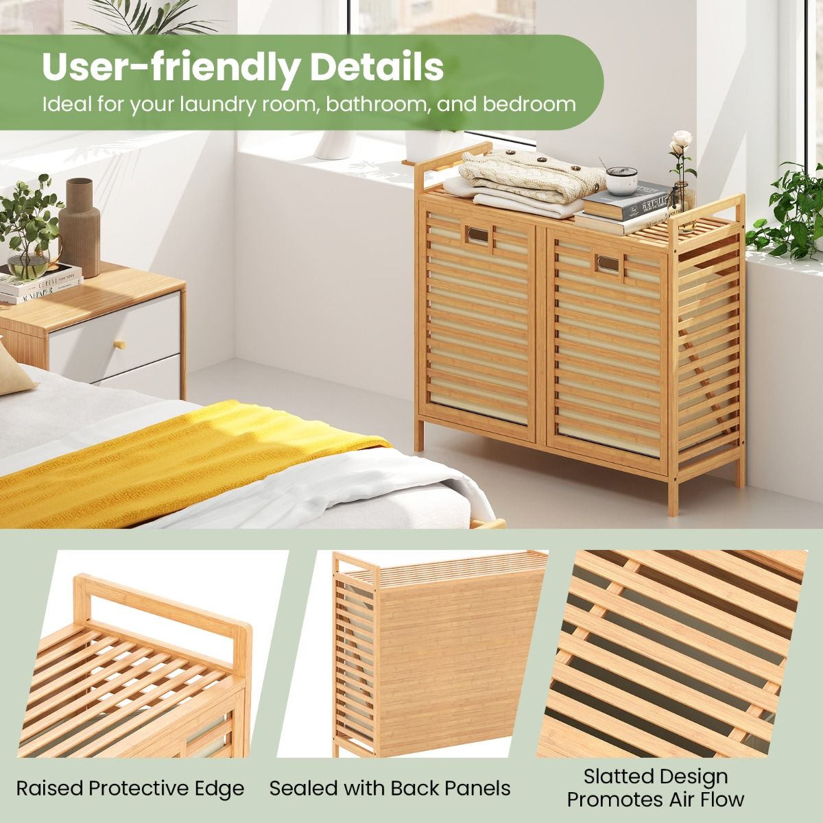 Coast Double Swivel Bamboo Wäschekorb - 80x30x72 cm - Natur - mit 2 herausnehmbaren Stoffkörben - 75 Liter