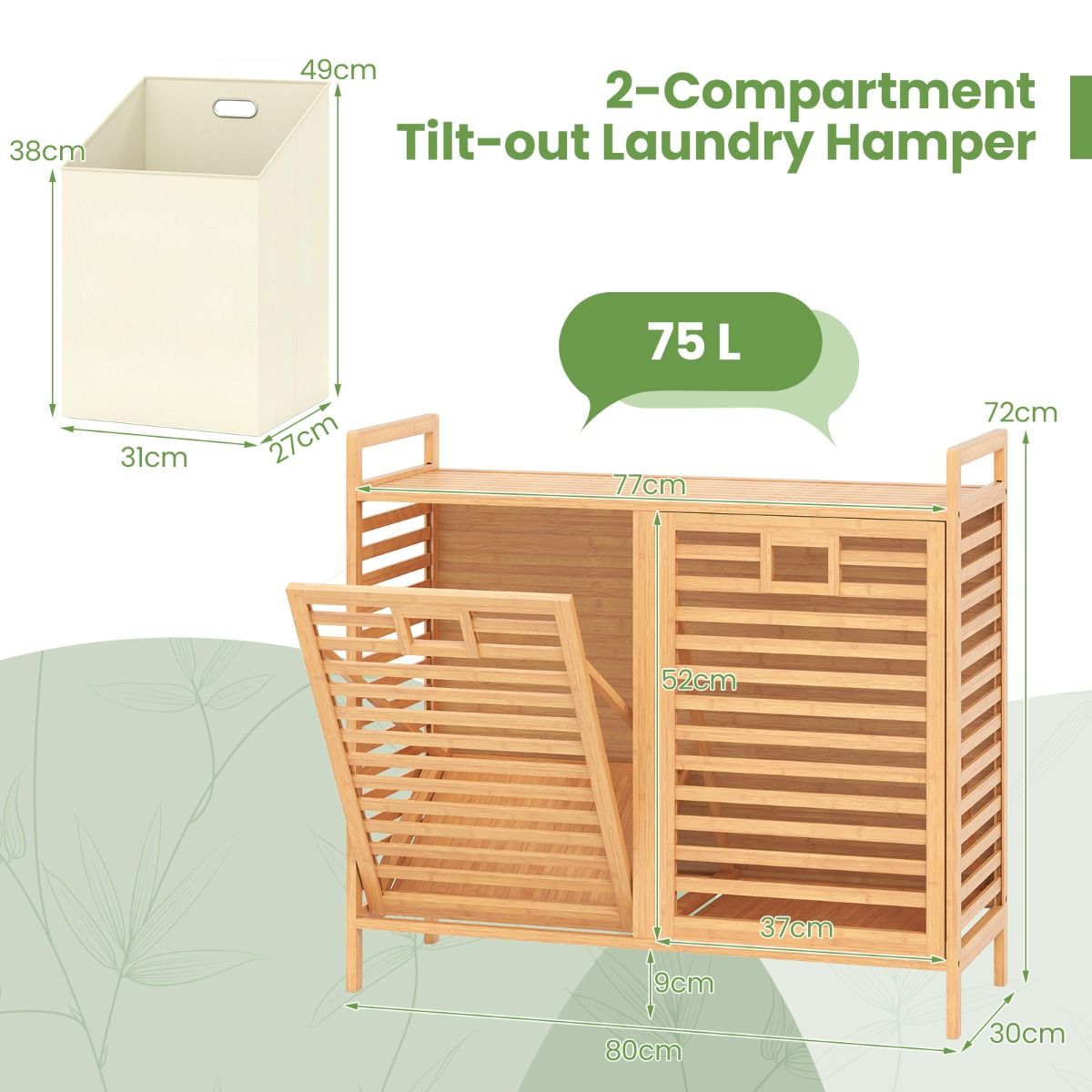 Coast Double Swivel Bamboo Wäschekorb - 80x30x72 cm - Natur - mit 2 herausnehmbaren Stoffkörben - 75 Liter