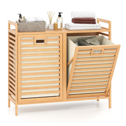 Coast Double Swivel Bamboo Wäschekorb - 80x30x72 cm - Natur - mit 2 herausnehmbaren Stoffkörben - 75 Liter