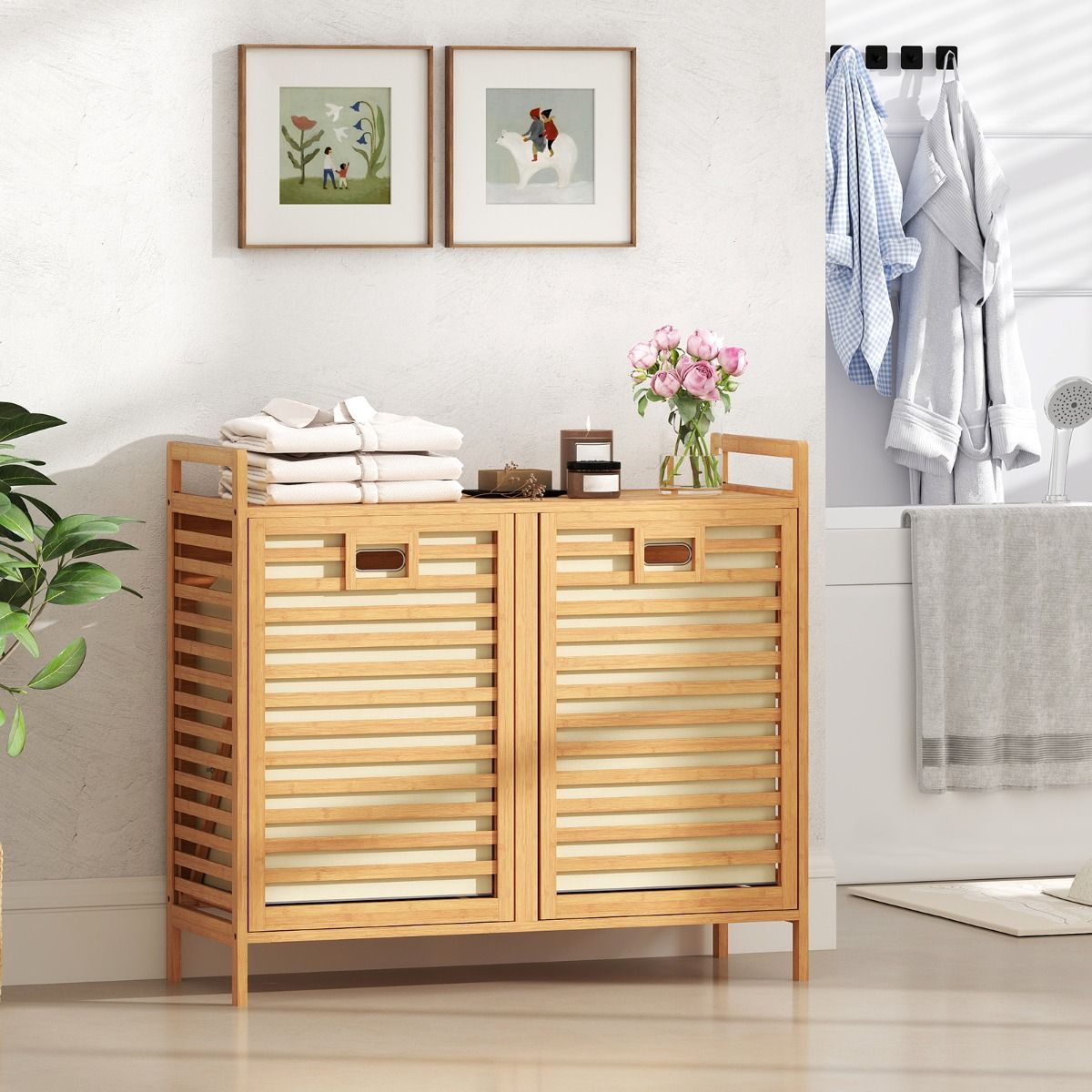 Coast Double Swivel Bamboo Wäschekorb - 80x30x72 cm - Natur - mit 2 herausnehmbaren Stoffkörben - 75 Liter