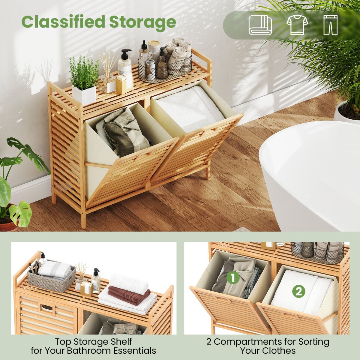 Coast Double Swivel Bamboo Wäschekorb - 80x30x72 cm - Natur - mit 2 herausnehmbaren Stoffkörben - 75 Liter
