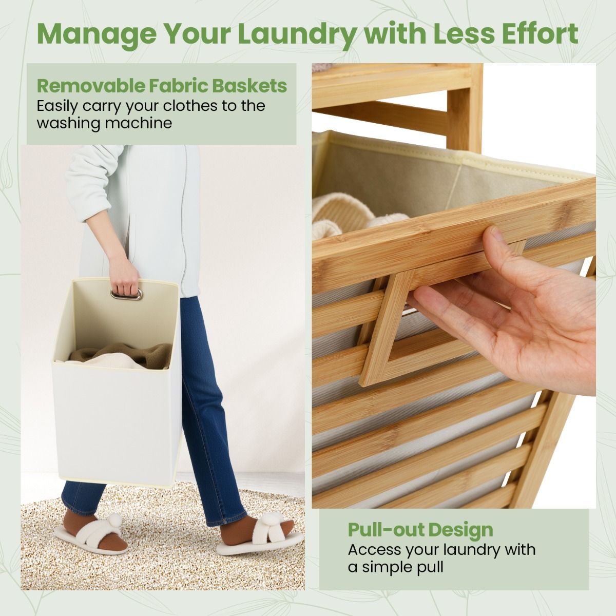 Coast Double Swivel Bamboo Wäschekorb - 80x30x72 cm - Natur - mit 2 herausnehmbaren Stoffkörben - 75 Liter