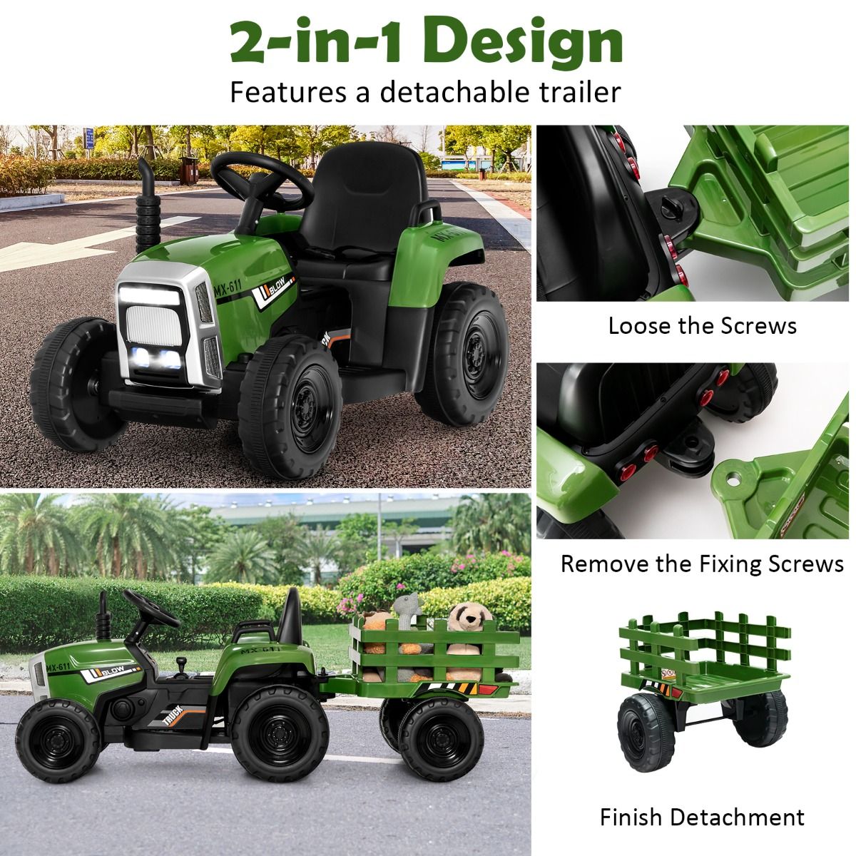 Coast 12V Kindertraktor mit Anhänger Grün - 135 x 51 x 53 cm - Fernsteuerung - LED - Musik - Bluetooth