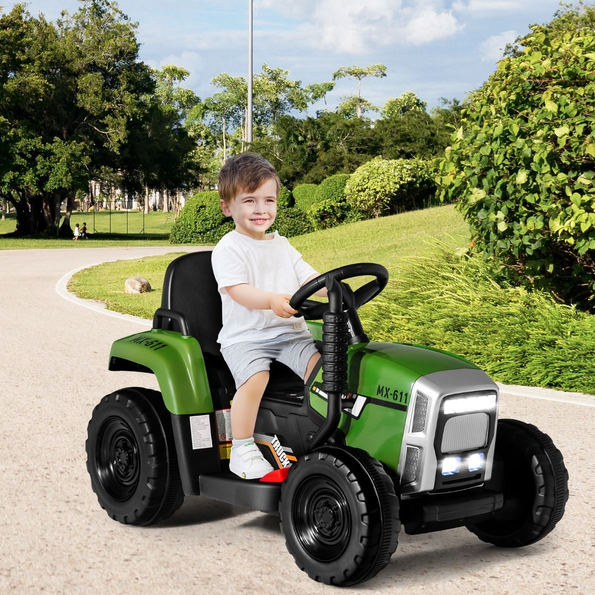 Coast 12V Kindertraktor mit Anhänger Grün - 135 x 51 x 53 cm - Fernsteuerung - LED - Musik - Bluetooth