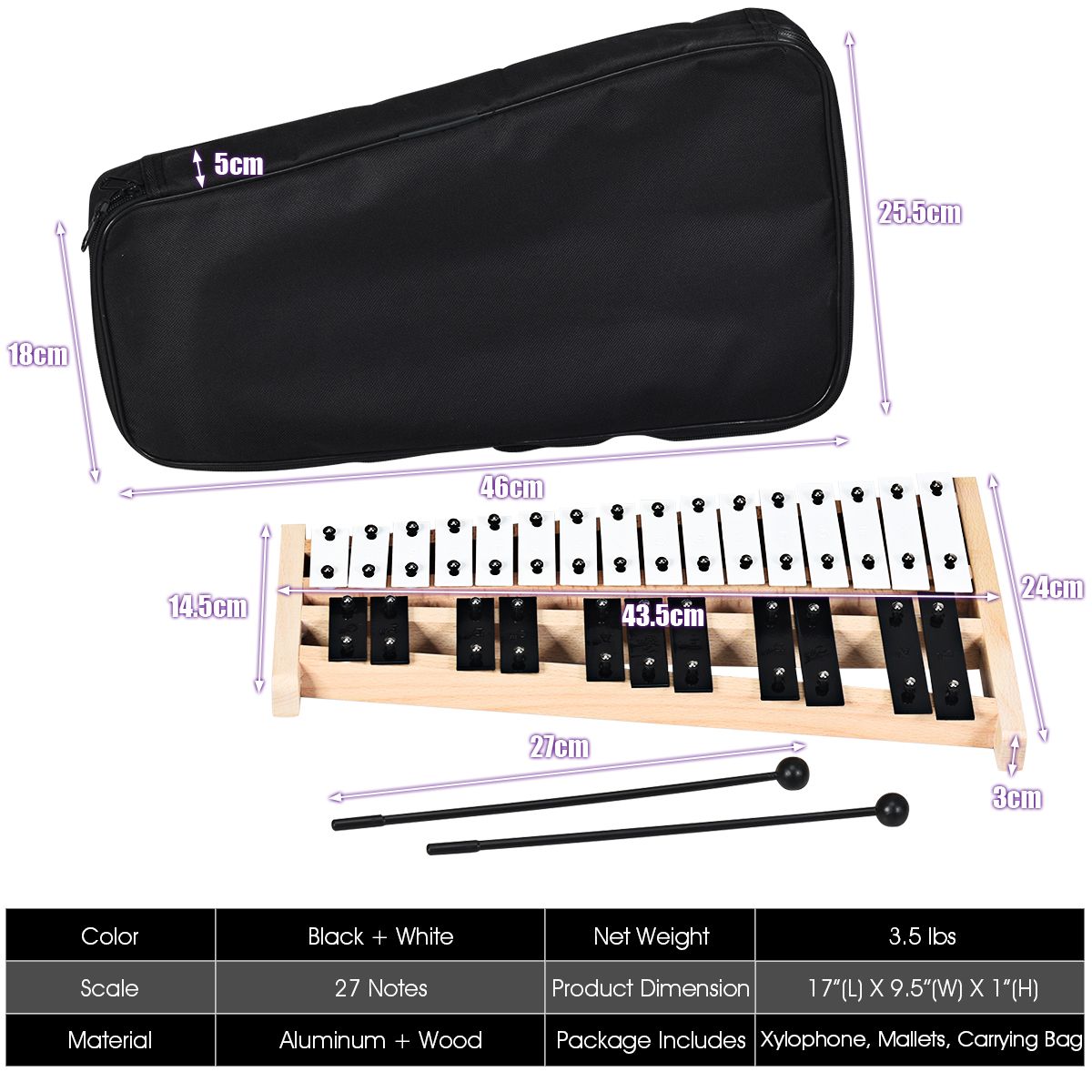Coast Xylophon 27 Noten - Glockenspiel mit Tragetasche und 2 Hämmern - 43,5 x 24 x 4 cm - Schwarz/Weiß