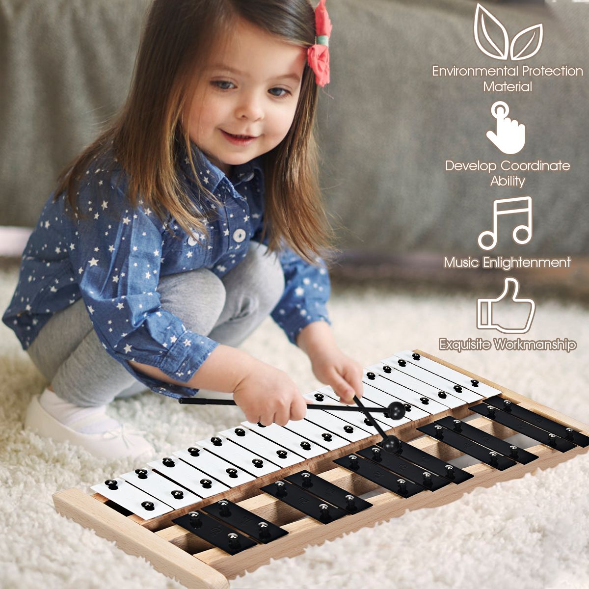 Coast Xylophon 27 Noten - Glockenspiel mit Tragetasche und 2 Hämmern - 43,5 x 24 x 4 cm - Schwarz/Weiß