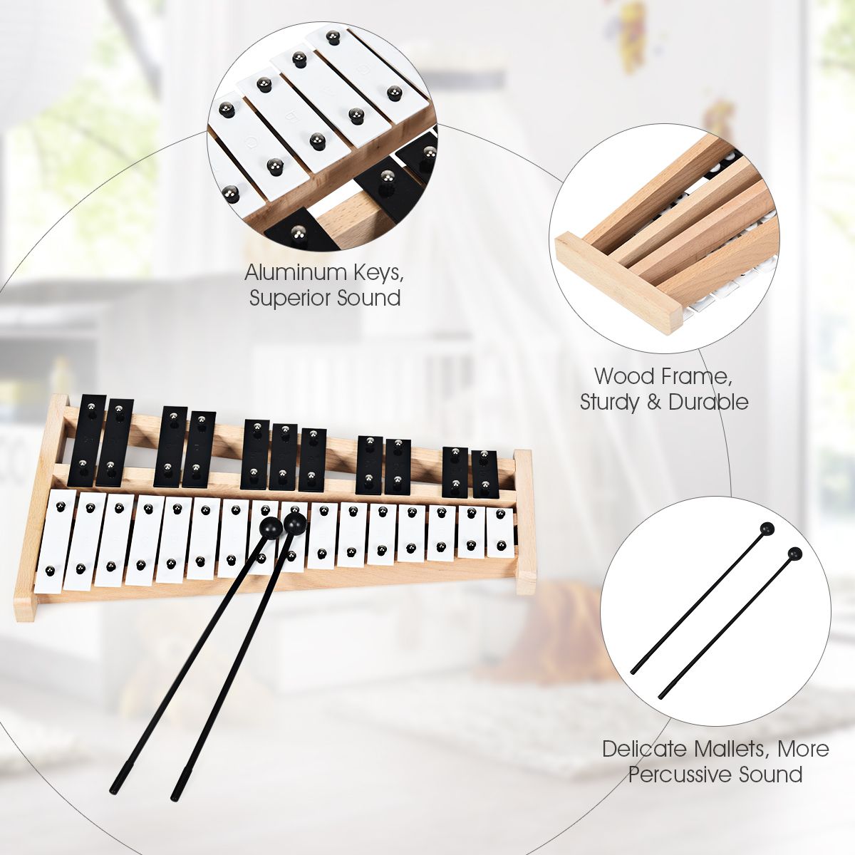 Coast Xylophon 27 Noten - Glockenspiel mit Tragetasche und 2 Hämmern - 43,5 x 24 x 4 cm - Schwarz/Weiß