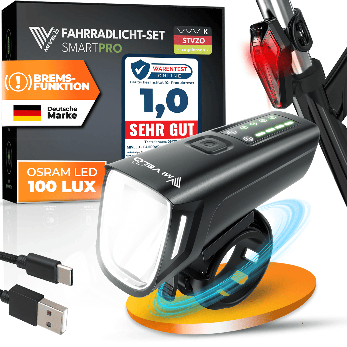 Mivelo Fahrradlicht-Set - StVZO geprüft - USB aufladbar - 100% wasserdicht - LED Vorder- und Rücklicht - Mit Bremslichtfunktion (SMART PRO)
