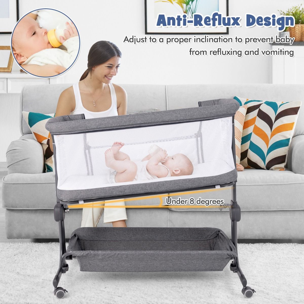 Coast 3-in-1 Babybett - Dunkelgrau - 87 x 63 x 85 cm - Beistellbett mit Matratze - 6-fach verstellbar - faltbar mit Aufbewahrungskorb