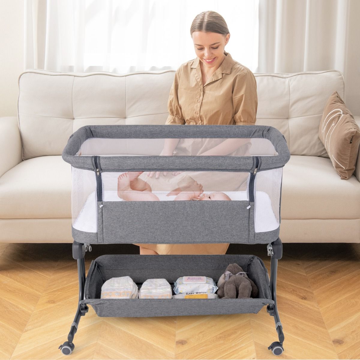 Coast 3-in-1 Babybett - Dunkelgrau - 87 x 63 x 85 cm - Beistellbett mit Matratze - 6-fach verstellbar - faltbar mit Aufbewahrungskorb