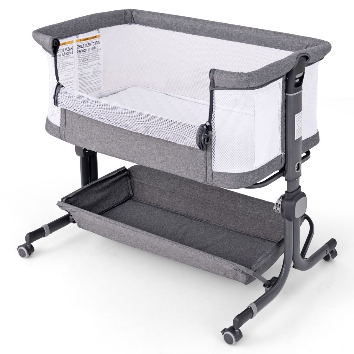 Coast 3-in-1 Babybett - Dunkelgrau - 87 x 63 x 85 cm - Beistellbett mit Matratze - 6-fach verstellbar - faltbar mit Aufbewahrungskorb