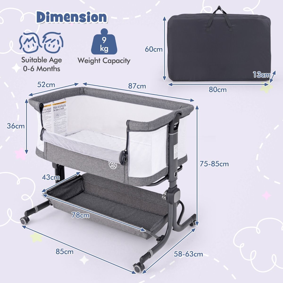 Coast 3-in-1 Babybett - Dunkelgrau - 87 x 63 x 85 cm - Beistellbett mit Matratze - 6-fach verstellbar - faltbar mit Aufbewahrungskorb